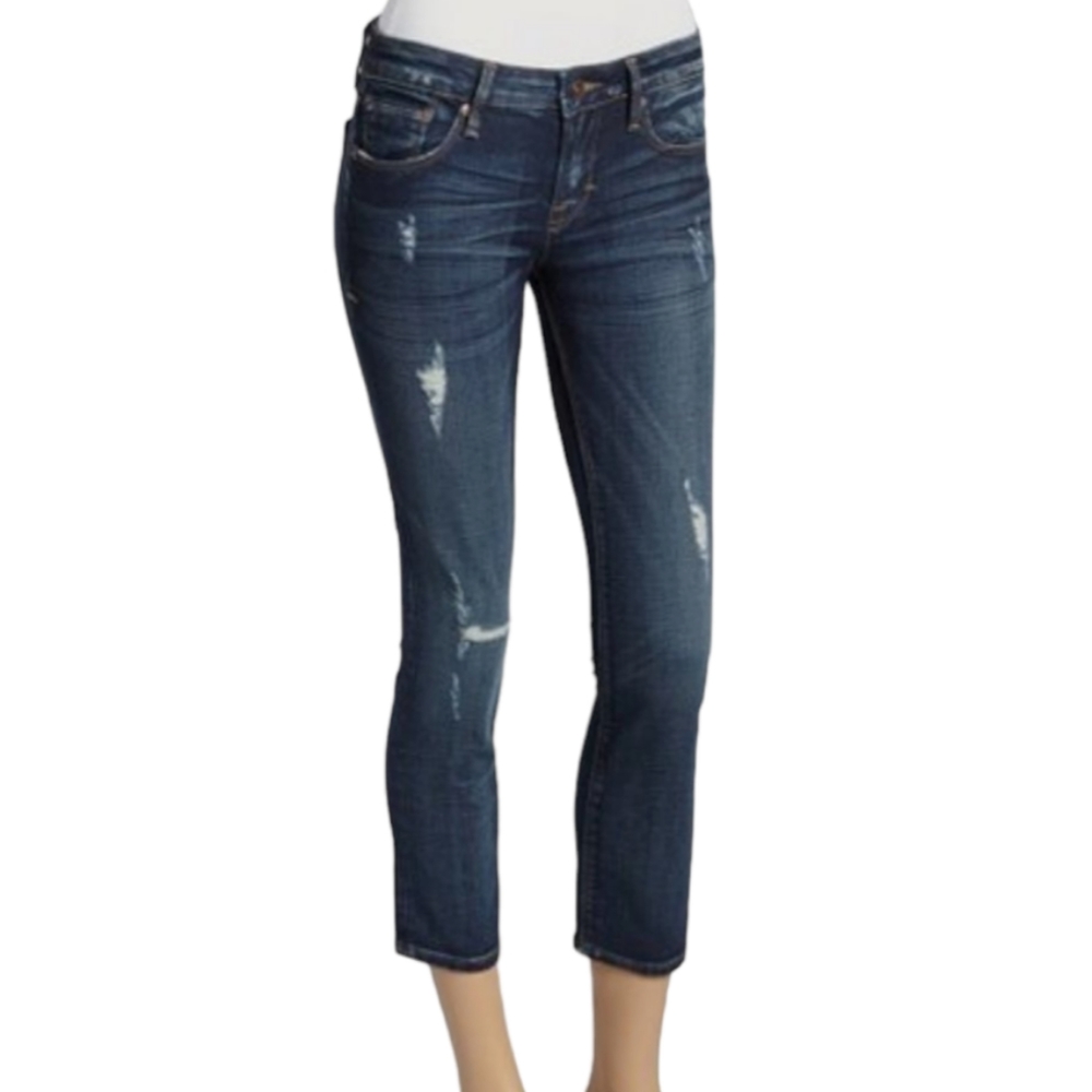 CULT OF INDIVIDUALITY "Rogan" distressed med-wash capri cropped jeans sz 30 euc